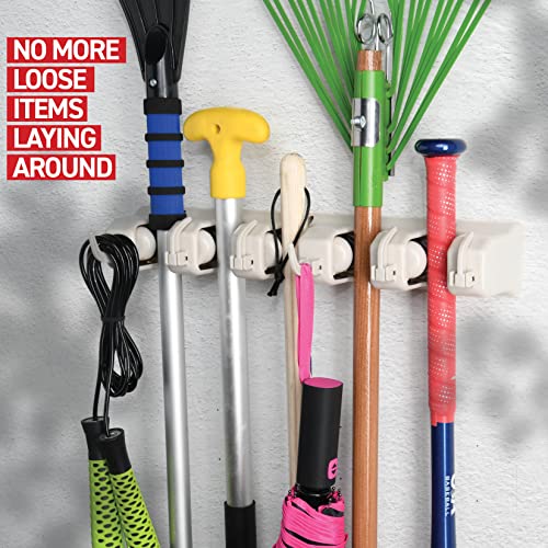 Broom and Mop Holder Wall Mount Garage Organizer with 5 Slots and 6 Hooks
