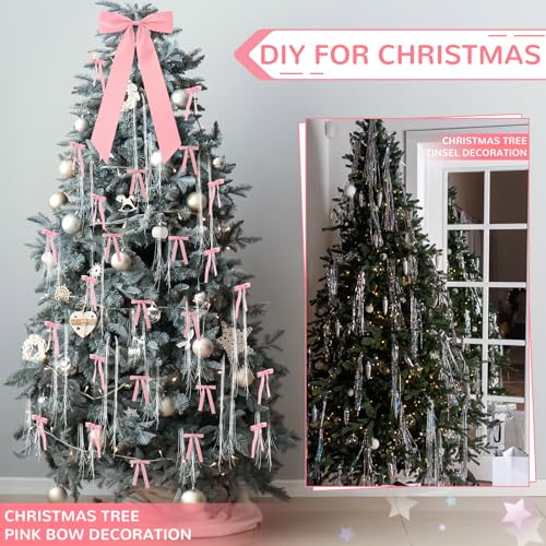 Pink Christmas Tree Decor Set with Velvet Bows, Tree Topper & Silver Icicles