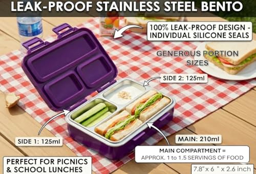 Bento Box for Kids – 3-Compartment Kids Bento Lunch Box with Leak-Proof Lid, Spoon & Stainless Steel Tray – 20 x 15 x 6.8 cm BPA-Free, Dishwasher Safe - Fun Space Design for School & Travel (Purple)