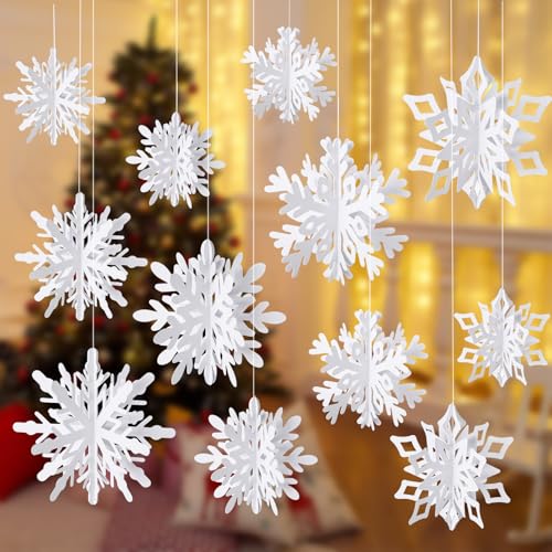 36 Pack Christmas Hanging Snowflakes Decorations - 3D Paper Ornaments for Holiday & Winter Decor
