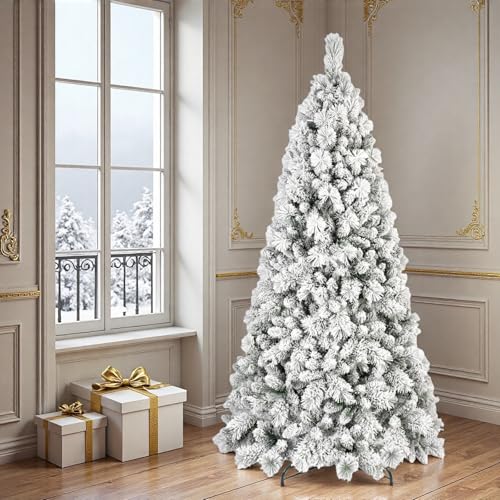 Trygoal 7FT White Flocked Artificial Christmas Tree with Tips & Metal Stand