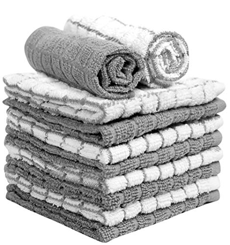 100% Cotton Dish Cloths 8-Pack - 12x12 Absorbent Gray Kitchen Towels