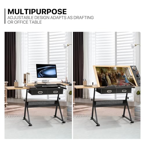 39-inch Adjustable Drafting Table and Stool Set with Storage Drawers