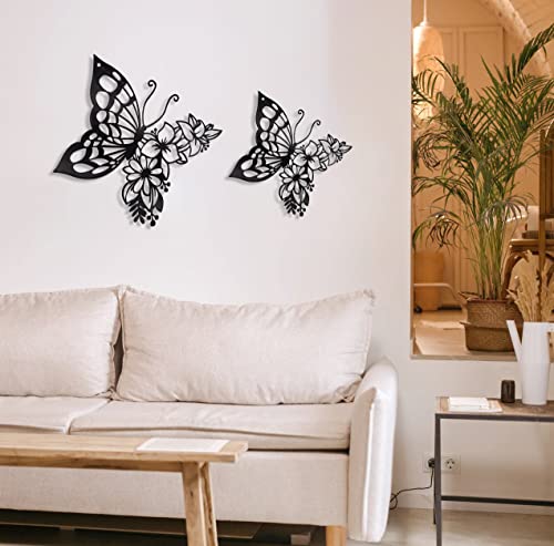 Metal Butterfly Flower Wall Art - 10.6-Inch Black Boho Hanging Decor