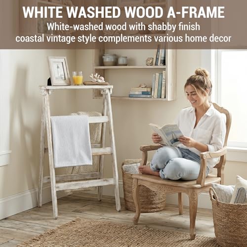 Freestanding A-Frame Blanket Ladder, White Washed Wood Textile Holder
