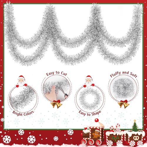 TranquilBliss Silver Christmas Tree Garland - 50 ft Tinsel Garland, Flexible & Reusable (Silver / 1)