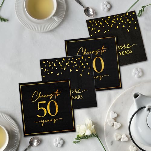 Hunanyume 50 Pack Cheers to 50 Years Black & Gold Cocktail Napkins - Elegant 5x5 Inch Party Supplies for 50th Birthday & Anniversary
