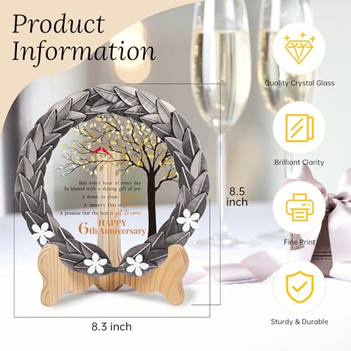 6th Wedding Anniversary Crystal Plaque with Iron Wreath Keepsake Gift