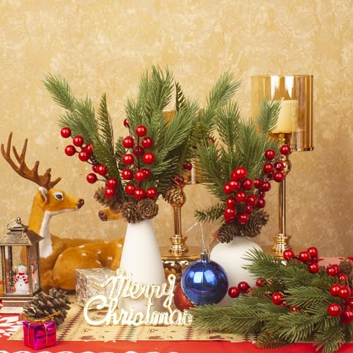 Grunyia 10 Pcs Artificial Pine Cone Picks with Red Berries - Christmas Tree Wreaths