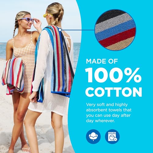 Oversized Multi-Color Striped Beach Towels - 30" x 60" Cotton - 6 Pack