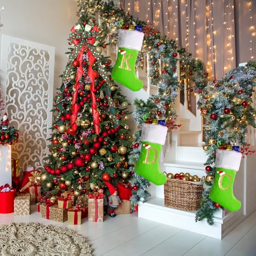 20-Inch Monogram Green Velvet Christmas Stocking with White Plush Cuff