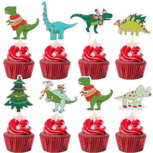 YCTHUNFISH 35 Pack Dinosaur Christmas Cupcake Toppers – 7 Patterns, Pre-assembled Party Picks (Variation 16)