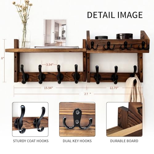 27-Inch Wall Mounted Coat Rack with Shelf and 11 Hooks, Wood Entryway Organizer