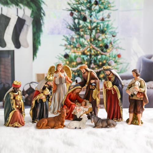 11-Piece Christmas Nativity Set, 7.6-inch Resin Holy Family Figurines