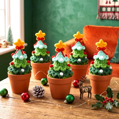 10 Pcs Crochet Christmas Tree Pots with Star Toppers – Handmade Mini Xmas Tree Pot Decor (Variation: 10 / Christmas Tree)
