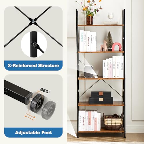 5-Tier Tall Bookshelf Industrial Bookcase Display Organizer, Rustic Brown