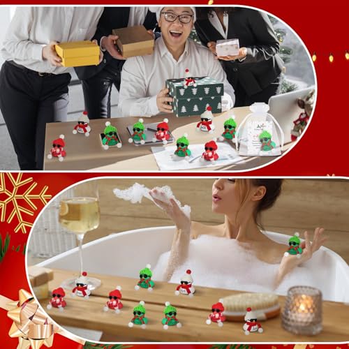 Lunmon Christmas Party Favors Set with 50 Rubber Ducks, Cards, Hats & Organza Bags - Red Green White Xmas