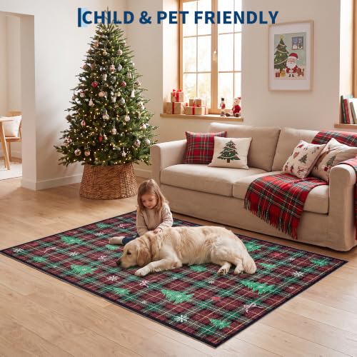 Garvee 2' x 3' Red Checkered Christmas Tree Doormat | Washable Floral Village Rug