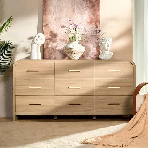 63-Inch Curved 9-Drawer Dresser, Modern Gray Oak Chest of Drawers