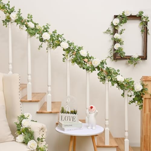 2Pcs 13Ft Eucalyptus Garlands with 8 White Roses - Faux Floral Decor for Weddings and Events