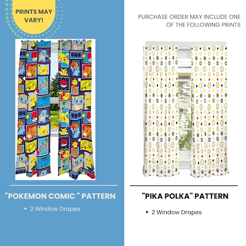 Kids Window Curtains Set - Pikachu, Charmander, and Squirtle Print, 82x63 In