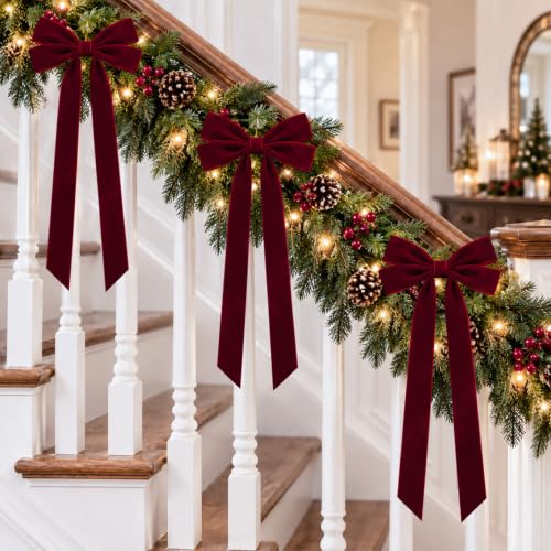 Milimot Burgundy Velvet Bows for Christmas Tree 8 x 20 in - 8 Pcs with 1.5 in Ribbon