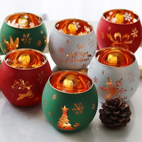 Christmas Glass Votive Candle Holders Set of 6 - Holiday Table Centerpiece