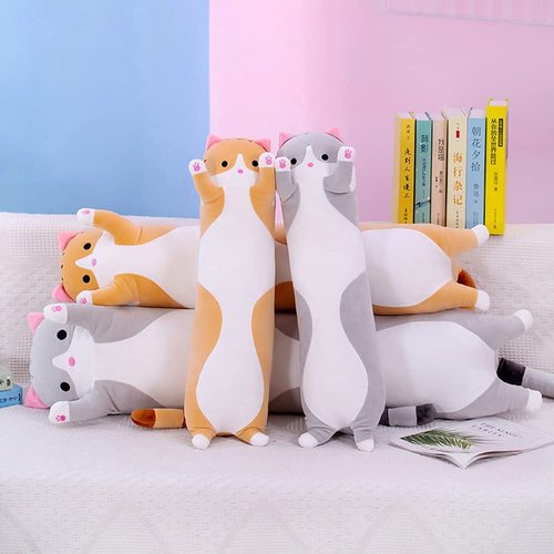 Cute Cat Plush Long Body Pillow Cuddle Cartoon Stuffed Animals Cat Plushie Soft Doll Pillows Gifts for Kids Girls (Gray, 19 Inches), 1 Count (Pack of 1)