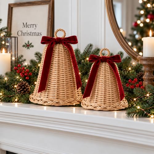 Yookeer 2 Pack Large Wicker Rattan Christmas Bell Decor with Lights - Rustic Holiday Ornaments