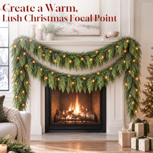 AUMERUNE 9FT Christmas Garland with Lights - Realistic Cedar, Full & Lush, Remote Control Modes