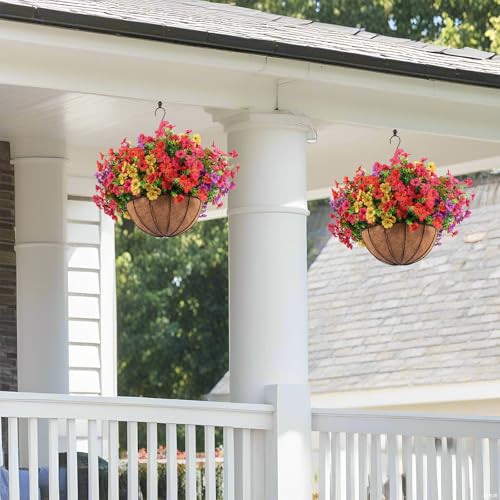 Artificial Outdoor Flowers with Hanging Baskets - Set of 2 UV Resistant Plants