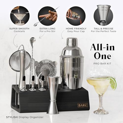Bare Barrel® 14-Piece Cocktail Bar Set with 24oz Silver/Black Cobbler Shaker & Recipe Cards