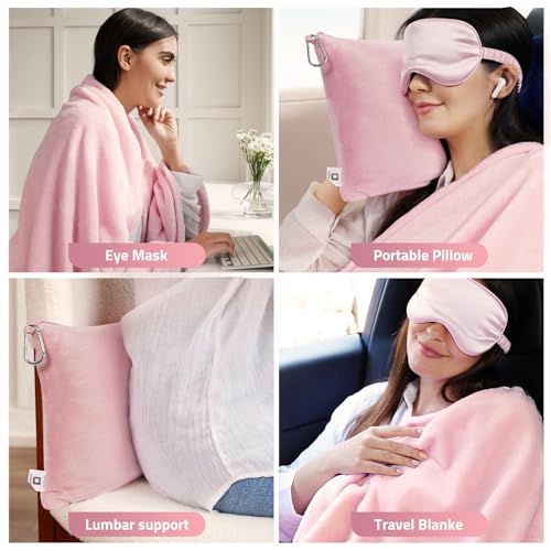 Compact Travel Blanket and Pillow Set with Eye Mask - 65x40 in, Pink
