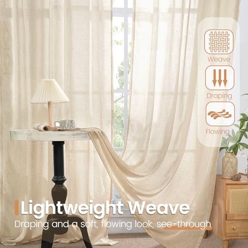 Light Filtering Burlap Linen Kitchen Curtains - 36 Inch, 2 Panels Set