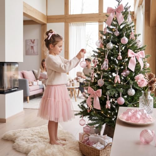 Light Pink Christmas Glass Ornaments Set - 12 Pcs 3.15 Inch Holiday Decorations