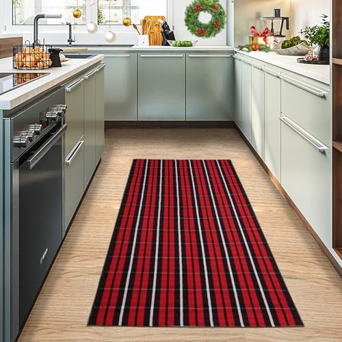 Christmas Red & Black Plaid Rug 3x5 ft Indoor/Outdoor Hand-Woven Cotton Layered Rug