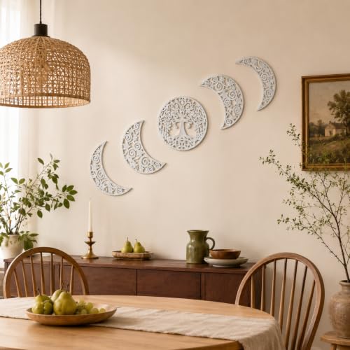 5-Piece Moon Phase Wall Art Set, 3D Hollow Carved Wooden Botanical Decor