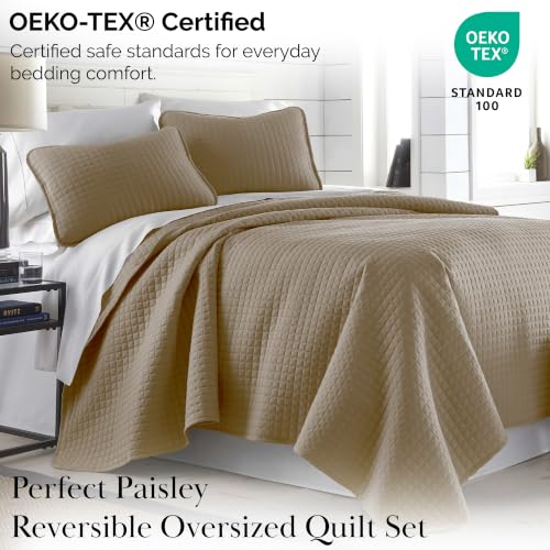 Twin Quilt Bedding Set - Soft Microfiber Taupe Coverlet with Pillow Sham