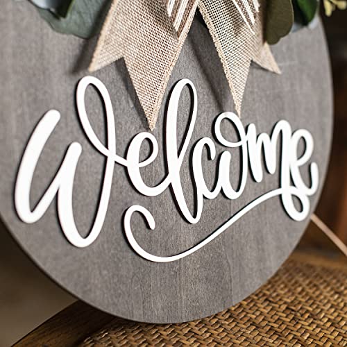 12-Inch Round Wooden Welcome Sign for Front Door - Farmhouse Porch Decor