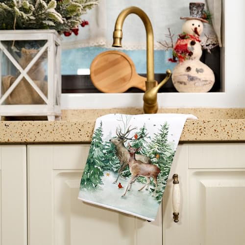 Arkeny Christmas Kitchen Towels Set of 2 - Green Tree Reindeer, Green & Gold