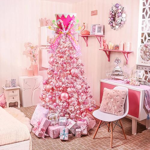 Pink Candy Cane Top Hat Christmas Tree Topper with Long Ribbon Bow