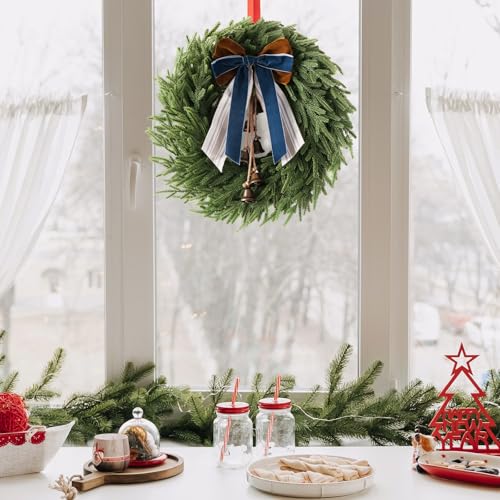 22 Inch Norfolk Pine Christmas Wreath with Bells and Ribbon - Rustic Holiday Decor