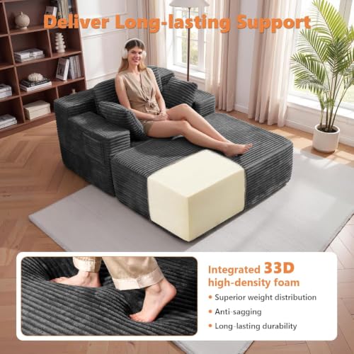 82" Oversized Corduroy Chaise Lounge with Ottoman and Storage Pockets