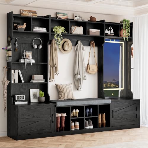 86.6" Extra Large Farmhouse Hall Tree with LED Mirror and Shoe Storage