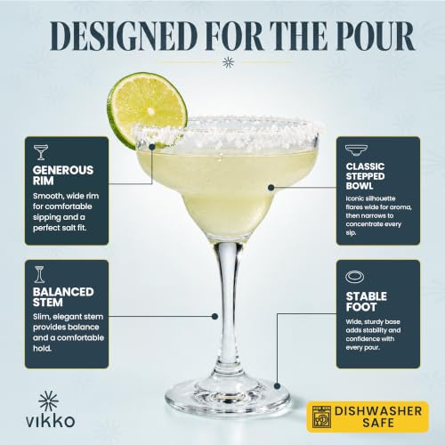 Vikko Set of 6 Clear 10oz Margarita Glasses for Cocktails & Frozen Drinks