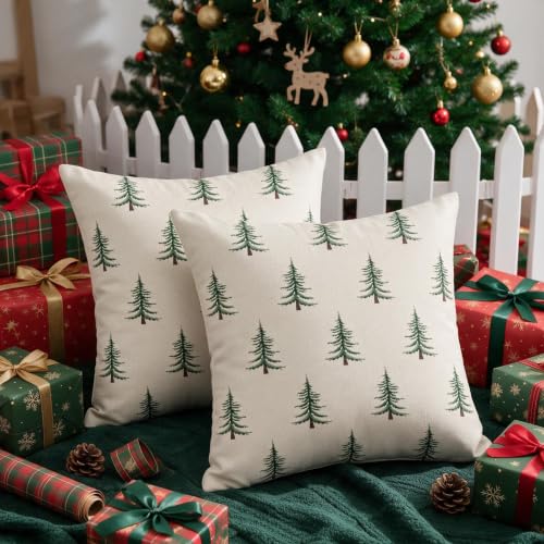 Sivirary 20x20 Inch Set of 2 Christmas Pillow Covers Forest Green Xmas Tree Decor