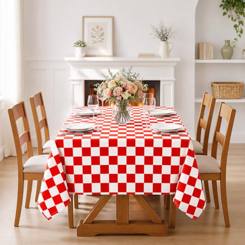 QueenDream Red & White Checkered Tablecloth 57x84 inch – Waterproof Gingham Rectangle