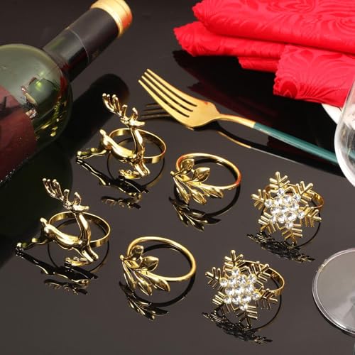 Patelai 6Pcs Christmas Napkin Rings Set Elk Leaf Snowflake Gold - 2 Each Style