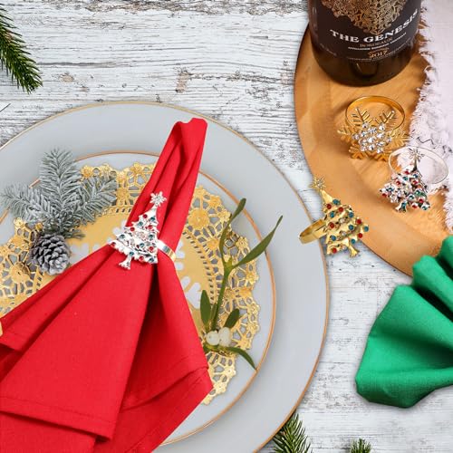 Snowflake Tree 16 Pcs Polyester Christmas Napkins & Rings Set (Snowflake Tree) – 8 Rings, 4 Red & 4 Green Napkins