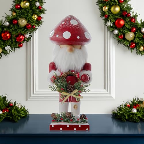 Wooden Santa Nutcracker with Mushroom Topper - 9-inch Holiday Decor
